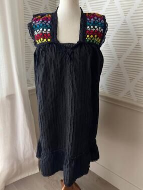 1970S Vintage Black Mexican Embroidered Topstitched Sleeveless Cotton Dress